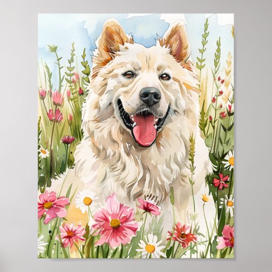Waterverf Samojeed Portret met roze bloemen Poster (Voorkant)