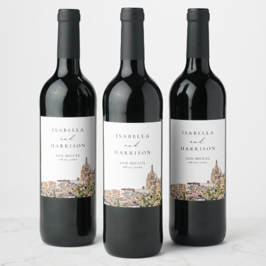 Waterverf San Miguel Skyline Wedding Wine Label Wijn Etiket (Flessen)
