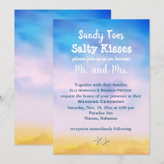 Waterverf Sandy Toes Wedding Invite sunset and zan Kaart (Voorkant / Achterkant)