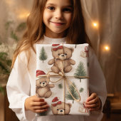 Waterverf Santa Teddy Bear & Pine Trees Christmas Cadeaupapier