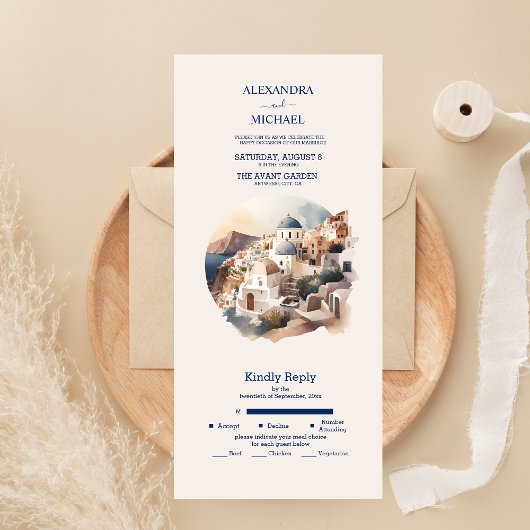 Waterverf-Santorini-bestemming komt helemaal binne All In One Uitnodiging