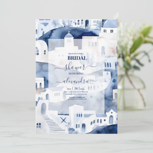 Waterverf Santorini Destination Bridal Uitnodiging (Staand voorkant)