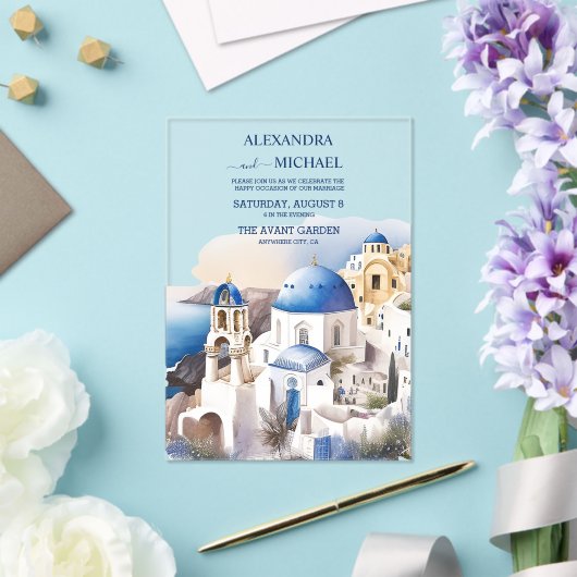 Waterverf Santorini Destination Wedding Acryl Uitnodigingen (Insitu (Huwelijk))