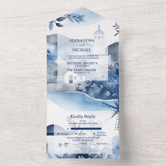 Waterverf Santorini Destination Wedding All In One Uitnodiging (Binnen)