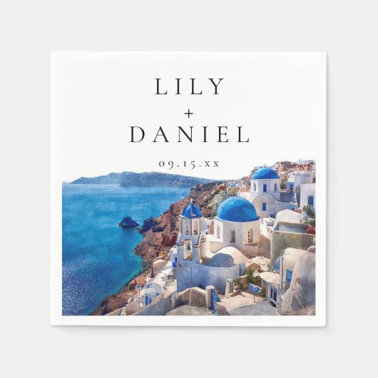 Waterverf Santorini Griekenland Destination Weddin Servet (Voorkant)