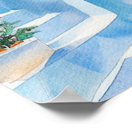 Waterverf Santorini Mediterraans Reizen Kunst Poster (Hoek)