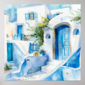Waterverf Santorini Mediterraans Reizen Kunst Poster (Voorkant)