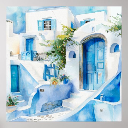 Waterverf Santorini Mediterraans Reizen Kunst Poster (Voorkant)