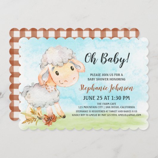 Waterverf Schaap Baby shower Boerderij Uitnodiging (Voorkant / Achterkant)