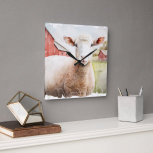 Waterverf schaap met rode schuur vierkante klok