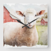 Waterverf schaap met rode schuur vierkante klok (Voorkant)