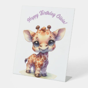 Waterverf schattige baby giraffe reclamebord met voetstuk