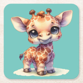 Waterverf schattige baby giraffe vierkante kartonnen onderzetter