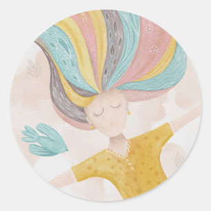 Waterverf schattige cartoon meisje. Roze fantasie Ronde Sticker