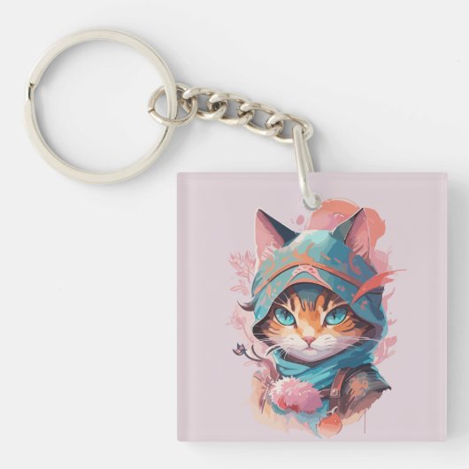 Waterverf Schattige Hooded Ninja Cat Sleutelhanger (Voorkant)
