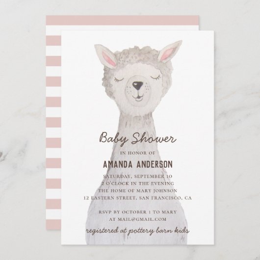 Waterverf schattige lama. Funny alpaca baby shower Kaart (Voorkant / Achterkant)