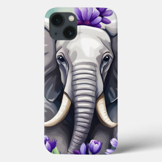 Waterverf schattige olifant en paarse bloemen iPhone 13 hoesje