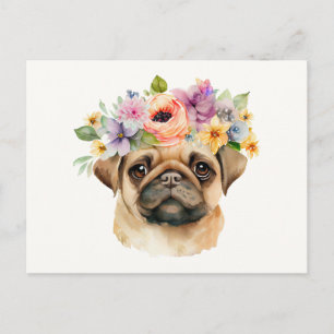 Waterverf Schattige Pugspeen met Bloemenkrans Briefkaart