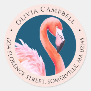 Waterverf Schattige Roze Flamingo Blauw Adres Ronde Sticker