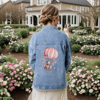 Waterverf Schattige Roze Teddybeer Hete Luchtballo Denim Jacket