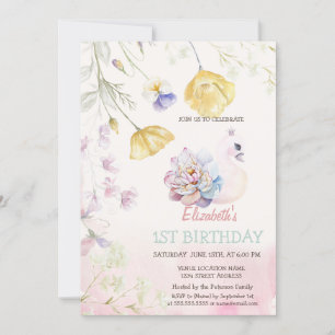 Waterverf Schattige Swan Wildflowers Verjaardag Kaart