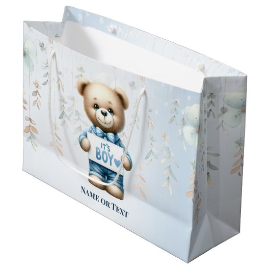 Waterverf Schattige Teddybeer Blauw Bloemen Mooi Groot Cadeauzakje (Voorkant Gekanteld)