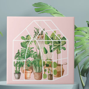 Waterverf Schattige Tropisch Huis Plant op Roze Tegeltje