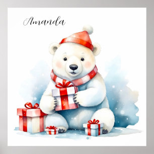 Waterverf Schattige Witte IJsbeer Kerstmis Poster