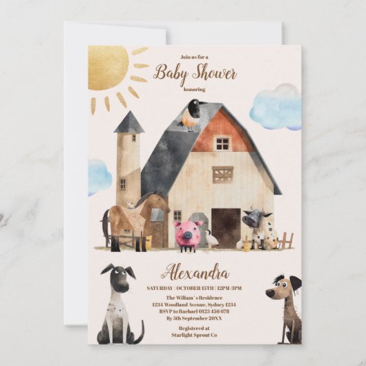 Waterverf Schattigee Boerderijdieren Barnyard Baby Kaart (Voorkant)