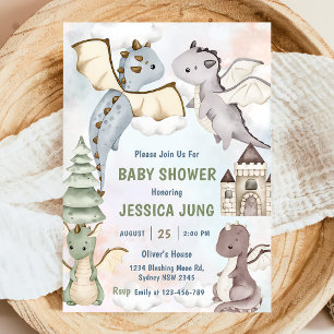 Waterverf Schattigee Dragon Baby shower Party Kaart