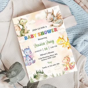 Waterverf Schattigee Dragon Baby shower Party Kaart