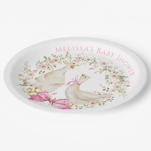 Waterverf Schattigee Gans Bloemen Baby shower Meis Papieren Bordje (Gekanteld)
