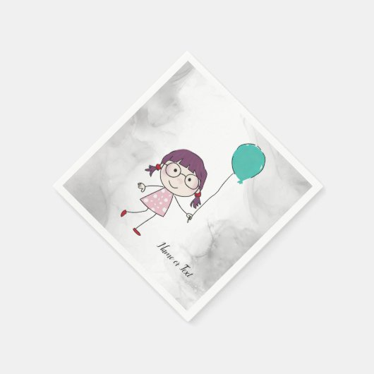 Waterverf Schattigee Stick Girl Blauwgroen Ballon  Servet (Hoek)