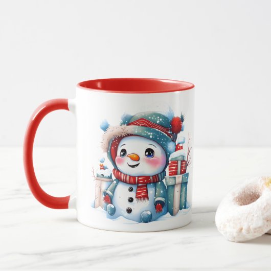 Waterverf Schattigee Whimsical Sneeuwman met Gift Mok (Met donut)