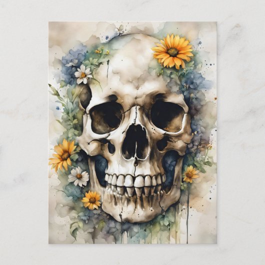 Waterverf schedel met wilde bloemen briefkaart (Voorkant)