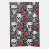 Waterverf Schedels en Rozen Rood Grijs Theedoek (Verticaal)