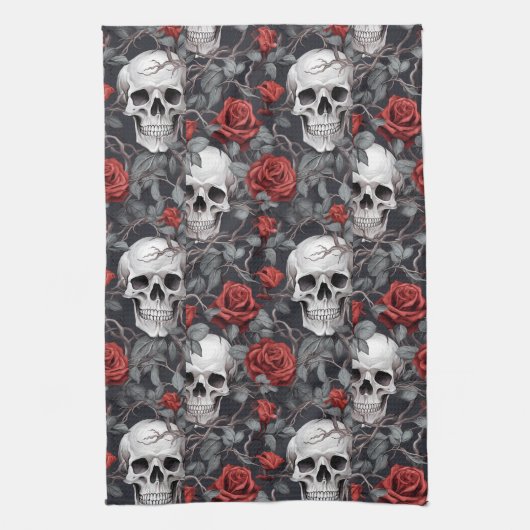 Waterverf Schedels en Rozen Rood Grijs Theedoek (Verticaal)