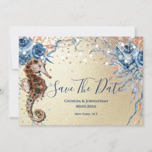 Waterverf schelp eiland oceaan blauw sinaasappel save the date