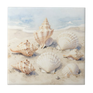 Waterverf Schelpen Strandtafereel Tegeltje