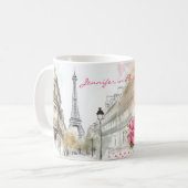 Waterverf schets van de stad met vrouwelijke koffi koffiemok (Voorkant links)