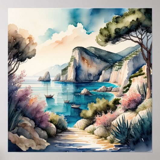Waterverf Schilderen Mediterraans kustlandschap Poster (Voorkant)