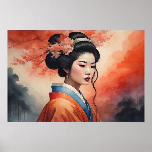 Waterverf Schilderen Mooie Aziatische Vrouw Bloeme Poster (Voorkant)
