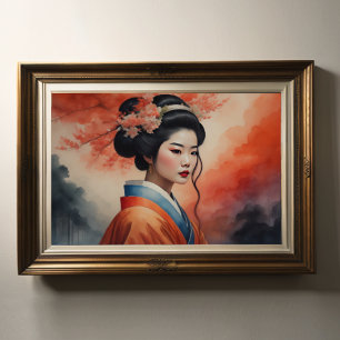 Waterverf Schilderen Mooie Aziatische Vrouw Bloeme Poster