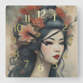 Waterverf Schilderen Mooie Aziatische Vrouw Bloeme Vierkante Klok (Voorkant)