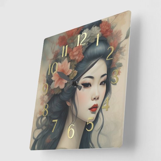 Waterverf Schilderen Mooie Aziatische Vrouw Bloeme Vierkante Klok (Hoek)