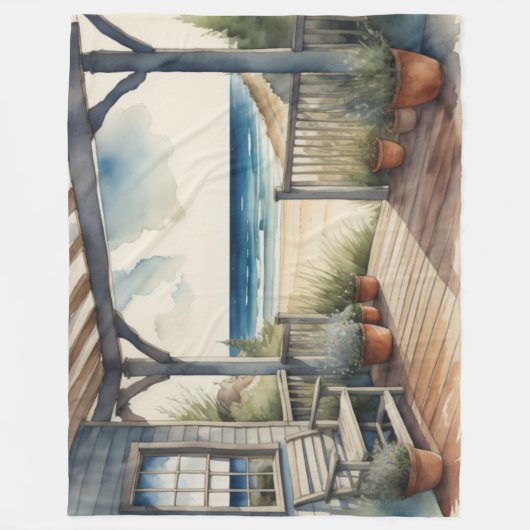 Waterverf Schilderen Ocean Uitzicht Front Porch Fleece Deken (Voorkant)