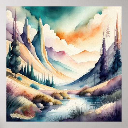 Waterverf Schilderen van Berglandschap Poster (Voorkant)