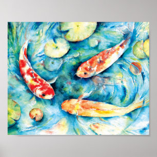 Waterverf schilderen van Koi in Lily Pond Poster