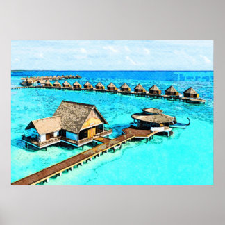 Waterverf Schilderen van Maldiven Resort Poster