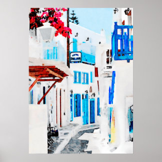 Waterverf schilderen van Mykonos Poster